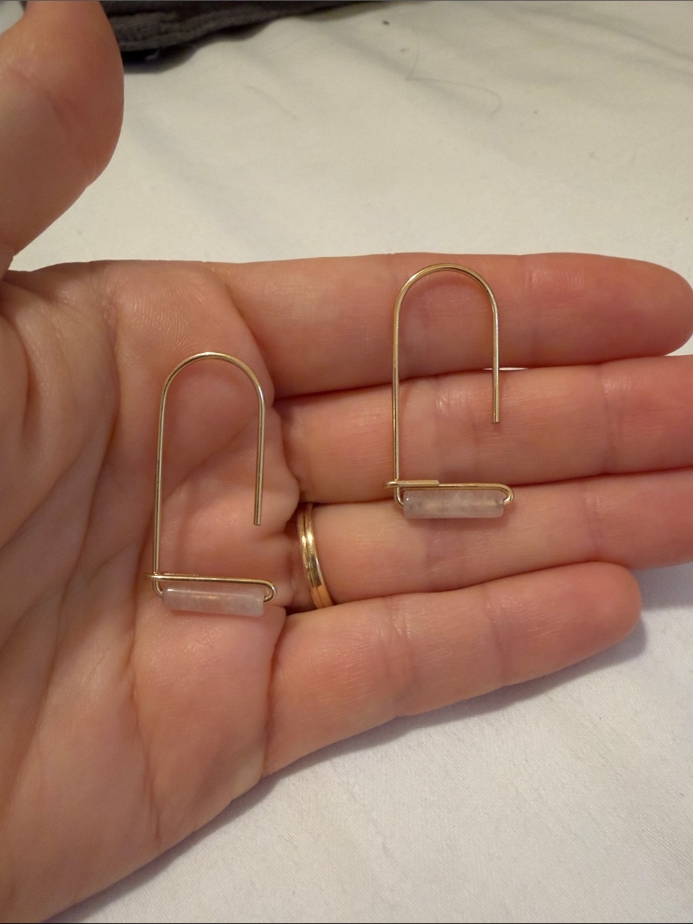 Minimalist Gold Wire Hoop Earrings with Rose Quartz Bars